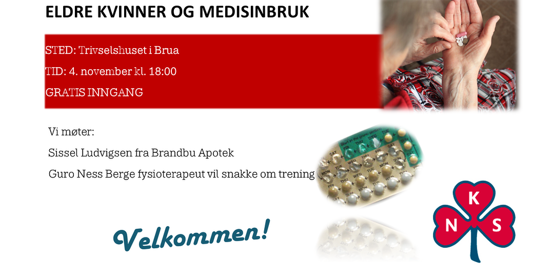 Bilde/illustrasjon for Eldre kvinner og medisinbruk. Brandbu Sanitetsforeninger inviterer til åpent møte på Trivselshuset i Brua!